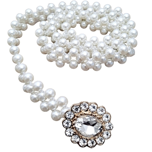 Boutique Accessories - White pearl Gold beaded Crystal rhinestone wedding dress stretch waist belt
